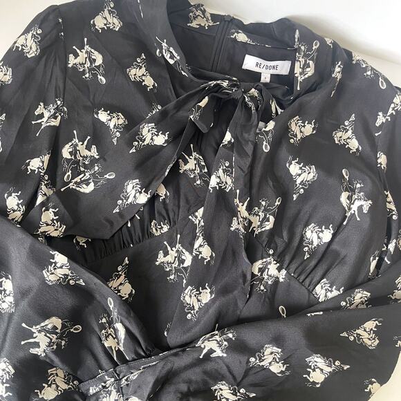 RE/DONE NWT Cowboy Horses Bow 100% Silk Crepe Mini Dress Size S - Picture 13 of 16